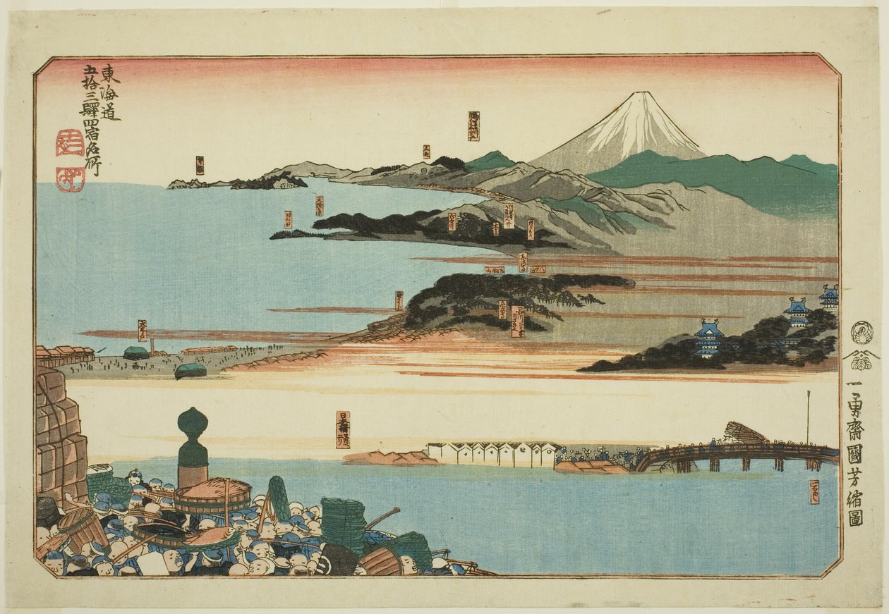 Nihonbashi, Shinagawa, Kawasaki und Kanagawa, aus der Serie "Berühmte Orte an den 53 Stationen des Tokaido, Vier Stationen (Tokaido gojusan eki yonshuku meisho)" von Utagawa Kuniyoshi