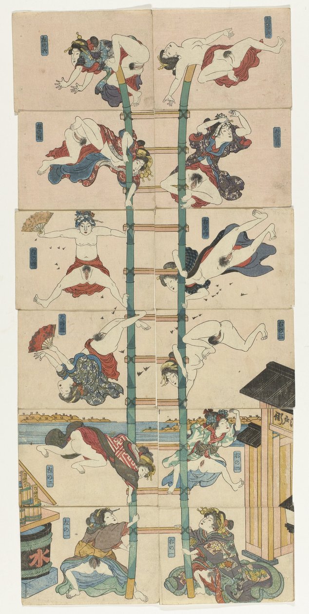 Serie von zwölf Koban Shunga mit Prostituierten in der Rolle von akrobatischen Feuerwehrleuten von Utagawa Kuniyoshi