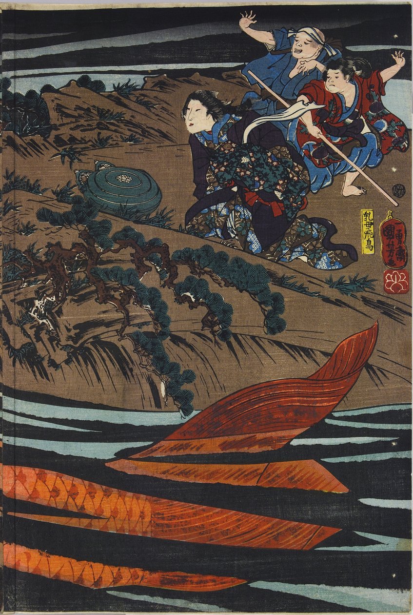Blatt aus einem Farbholzschnitt-Triptychon, das Oniwaka-maru (den zukünftigen Musashibo Benkei) zeigt, wie er sich darauf vorbereitet, den riesigen Karpfen anzugreifen, der seine Mutter verschlungen hat: Japan, Edo, von Utagawa Kuniyoshi, ca. 1845 von Utagawa Kuniyoshi