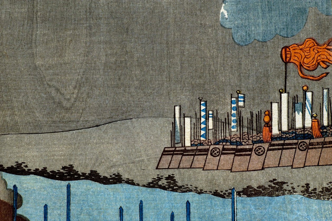 Takeda Shingen zerschmettert die Kräfte von Suwa Yorishige (Takeda Shingen Suwa Yorishige no jinchū o uchi-kuzusu zu), ca. 1850-51 von Utagawa Kuniyoshi