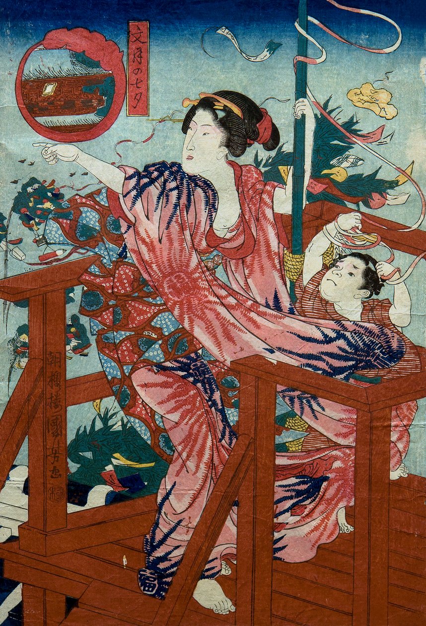 Das Sternenfest des siebten Monats (Fumizuki no tanabata) Unbetitelte Serie von Frauen mit Kindern in den zwölf Monaten, ca. 1836 von Utagawa Kuniyoshi