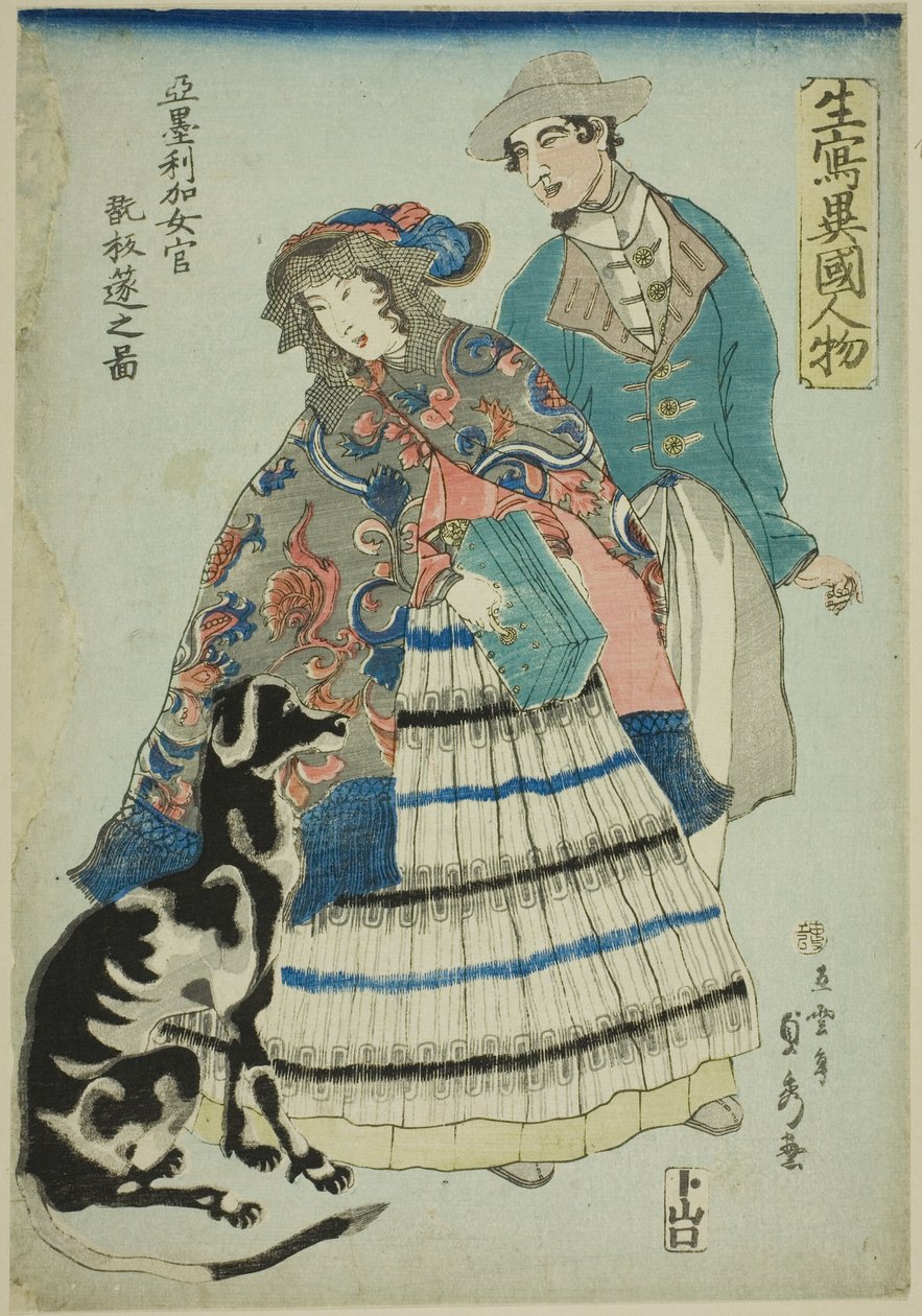 Amerikanische Frau spielt ein Akkordeon, aus der Serie "Aus dem Leben gezeichnete Ausländer" von Utagawa Sadahide