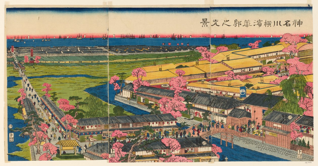 Panoramablick auf das Vergnügungsviertel in Yokohama, Kanagawa (Kanagawa Yokohama hanakuruwa no kokei) von Utagawa Sadahide
