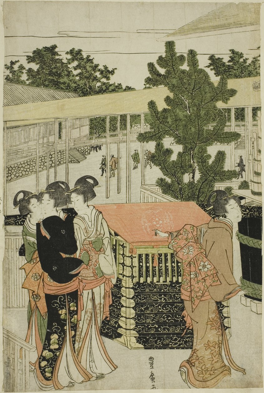 Neujahrspilgerfahrt zum Myohoji-Tempel in Horinouchi (Horinouchi Myohoji eho mairi no zu) von Utagawa Toyohiro