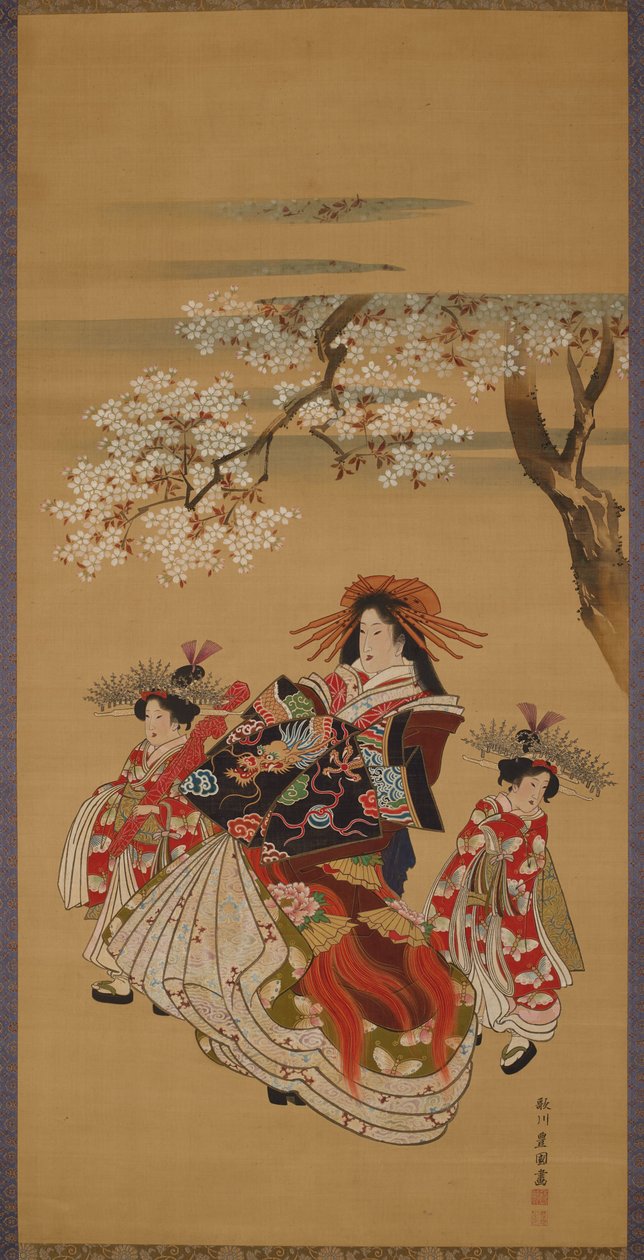 Kurtisane mit zwei Kamuro unter Kirschblüten von Utagawa Toyokuni