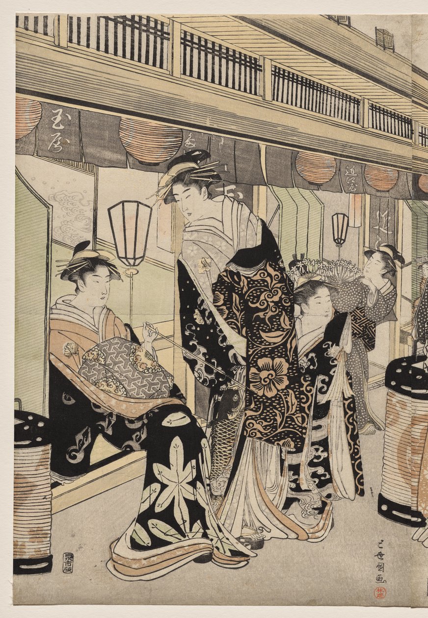 Kurtisanen promenieren auf der Nakanochō von Utagawa Toyokuni