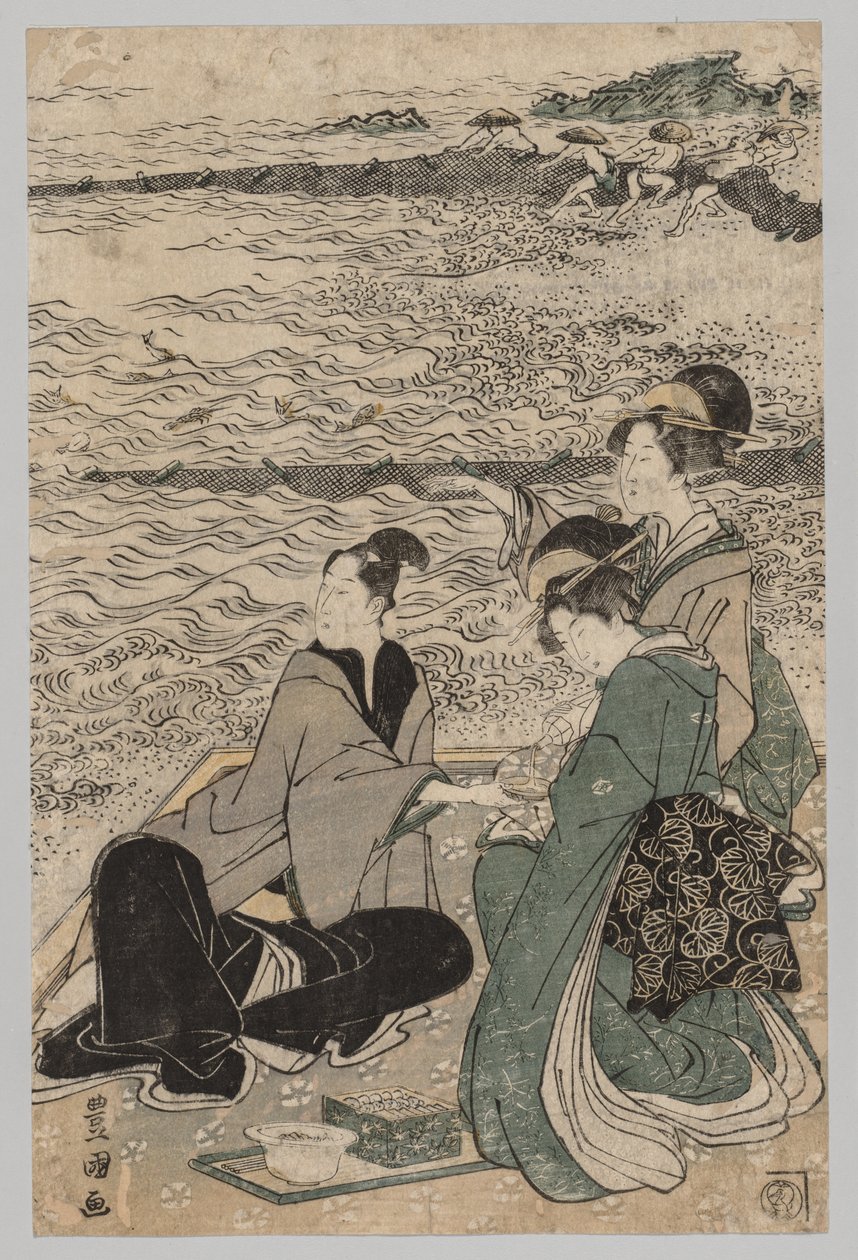 Mann und zwei Frauen am Meeresufer von Utagawa Toyokuni