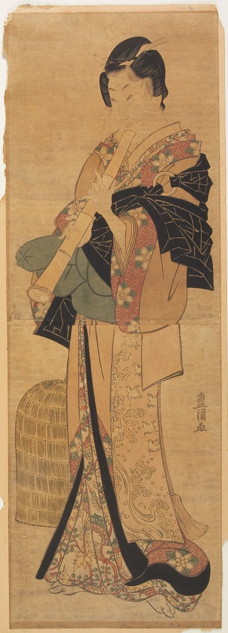 Wakashu verkleidet als bettelnder Priester, der Flöte spielt von Utagawa Toyokuni