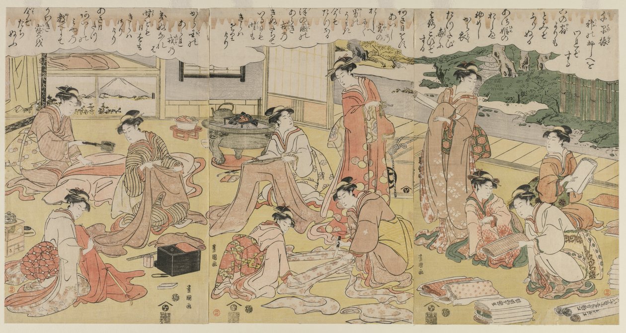 Frauen machen Kleidung von Utagawa Toyokuni