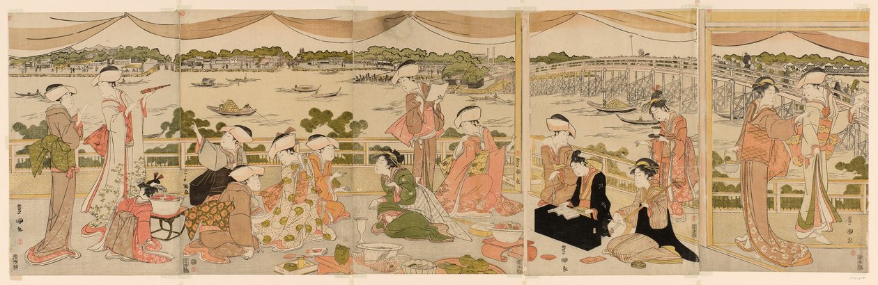 Vortrag auf einer Veranda mit Blick auf den Sumida-Fluss von Utagawa Toyokuni I