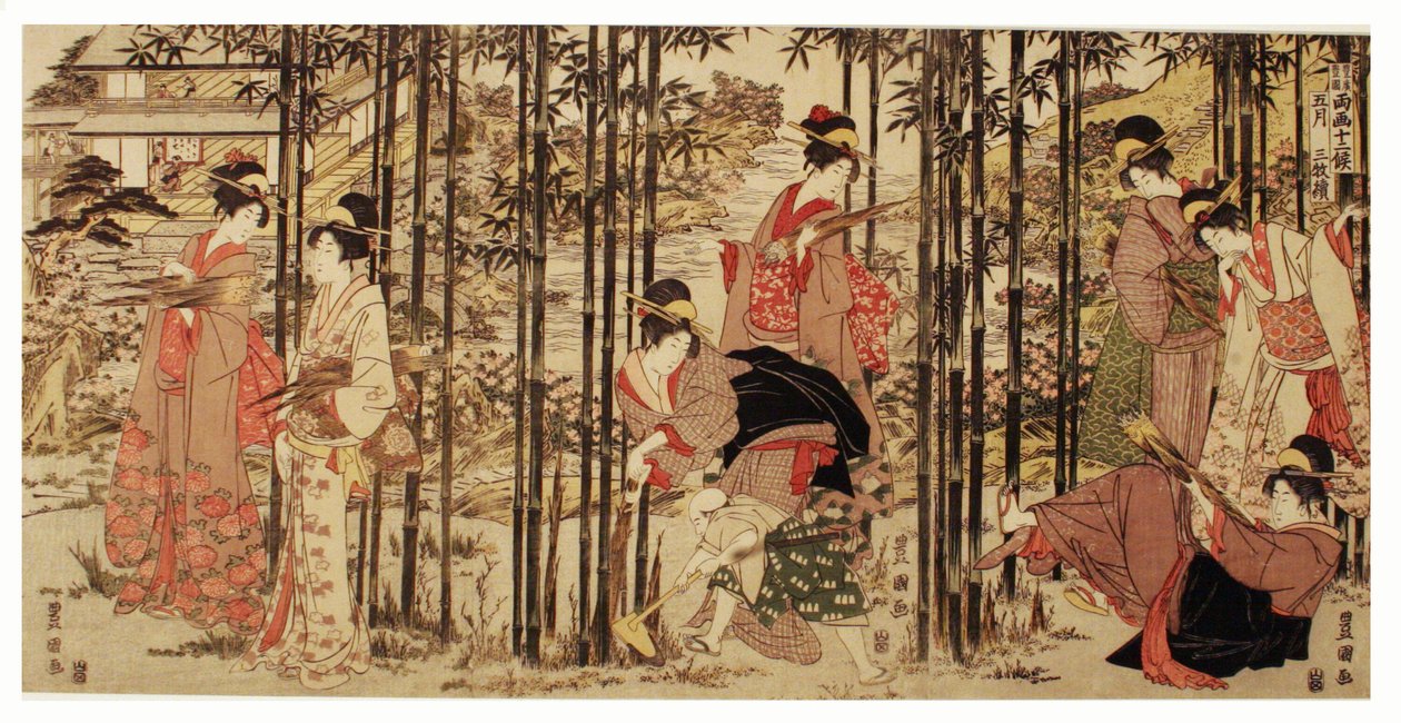 Der fünfte Monat, ein Satz von drei, aus der Serie "Zwölf Monate von den Zwillingspinseln Toyohiro und Toyokuni" von Utagawa Toyokuni I