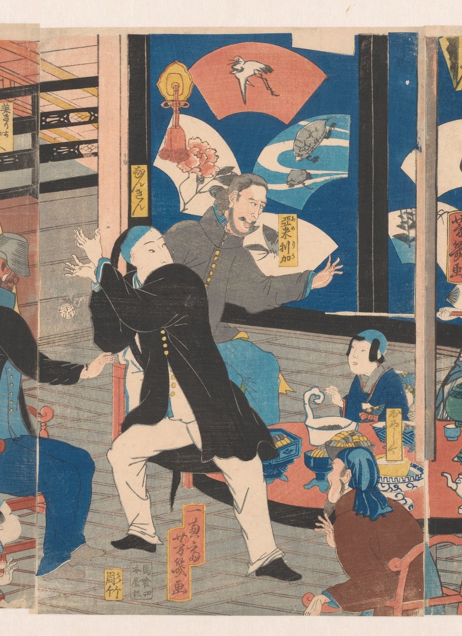 Ausländer bei einem Trinkgelage im Gankiro Teehaus von Utagawa Yoshiiku