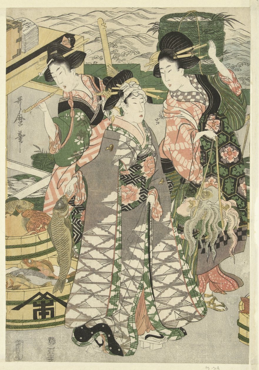 Ansicht des Fischmarktes am Strand von Shiba von Utamaro (II) , Kitagawa