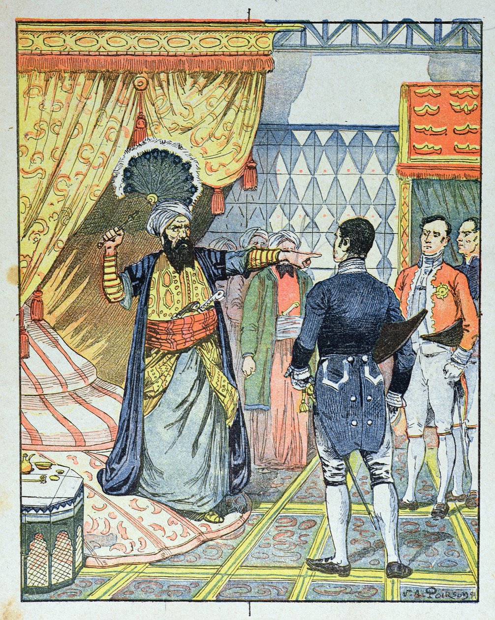Der Dey von Algier, Hussein ibn El Hussein schlägt den französischen Botschafter M. Deval mit einem Fächer, 27. April 1827, Titelbild eines Schulbuchs, 1891 von Victor Armand Poirson