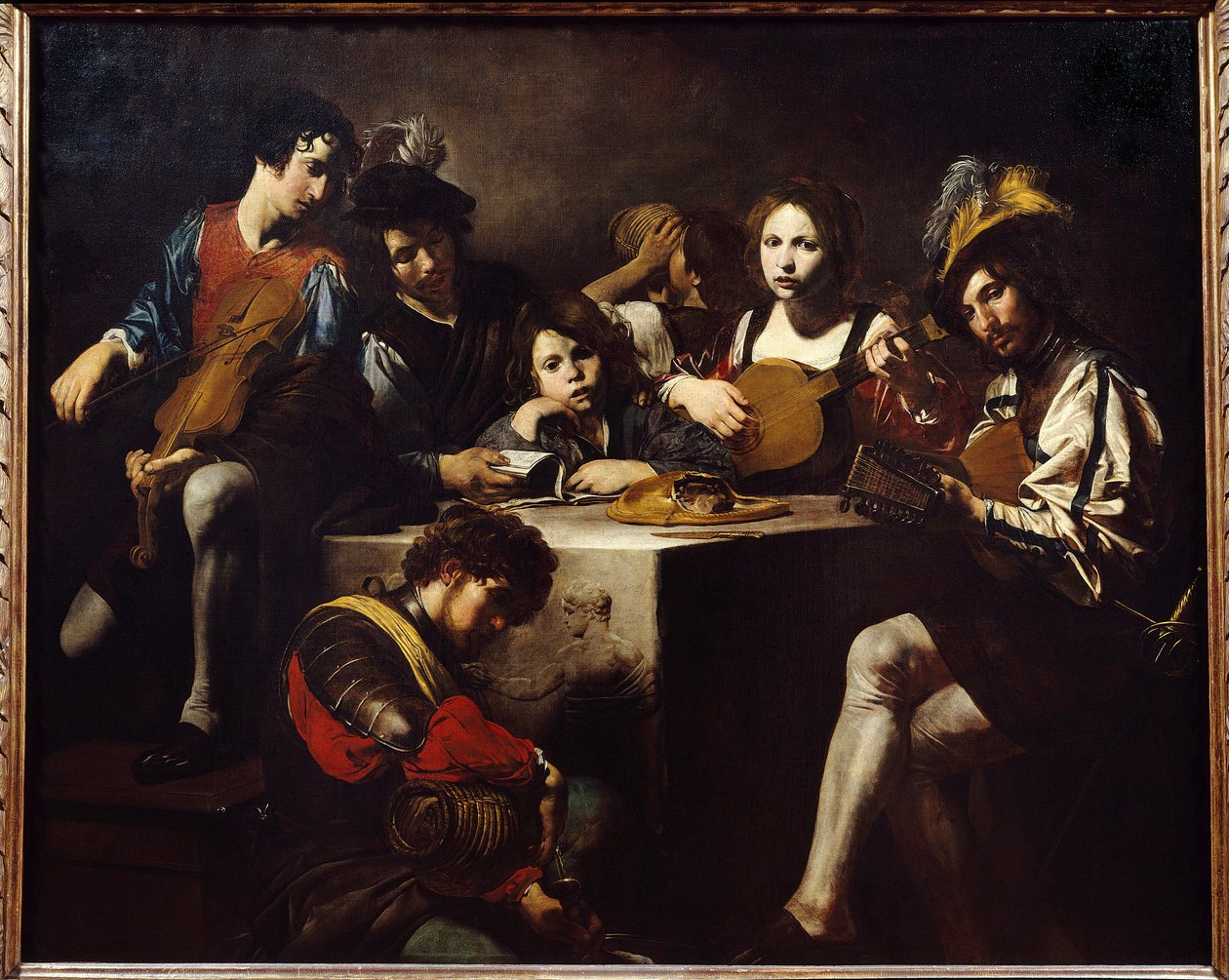 Das Konzert im Flachrelief. Musiker versammelt um einen skulptierten Altar. Gemälde von Valentin de Boulogne (1591-1632) von Valentin de Boulogne