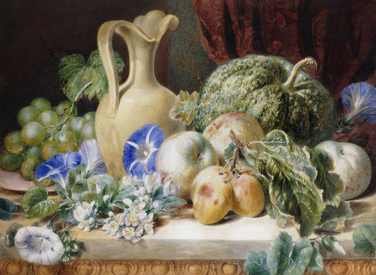 Ein Stillleben mit einem Krug, Äpfeln, Pflaumen, Trauben und Blumen von Valentine Bartholomew