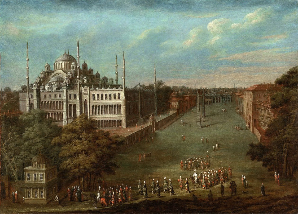 Prozession des Großwesirs auf dem Hippodromplatz mit der Sultan-Ahmed-Moschee, 1737 von Vanmour