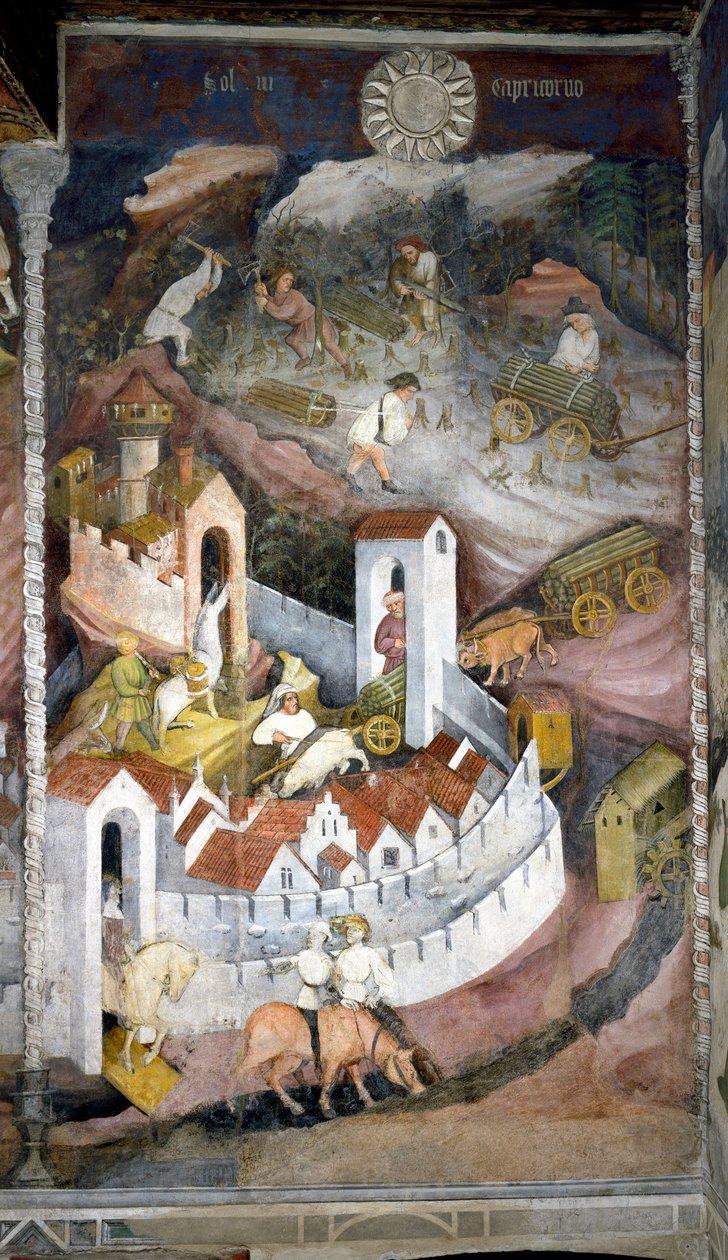 Dezember: Die Holzfäller sammeln das Holz und bringen es in die Stadt Trient, wo die Mauer und das Schloss Buonconsiglio dargestellt sind. Gemälde des Meisters der Monate oder Meister Wenzel (Anfang des 15. Jahrhunderts) von Venceslao Maestro