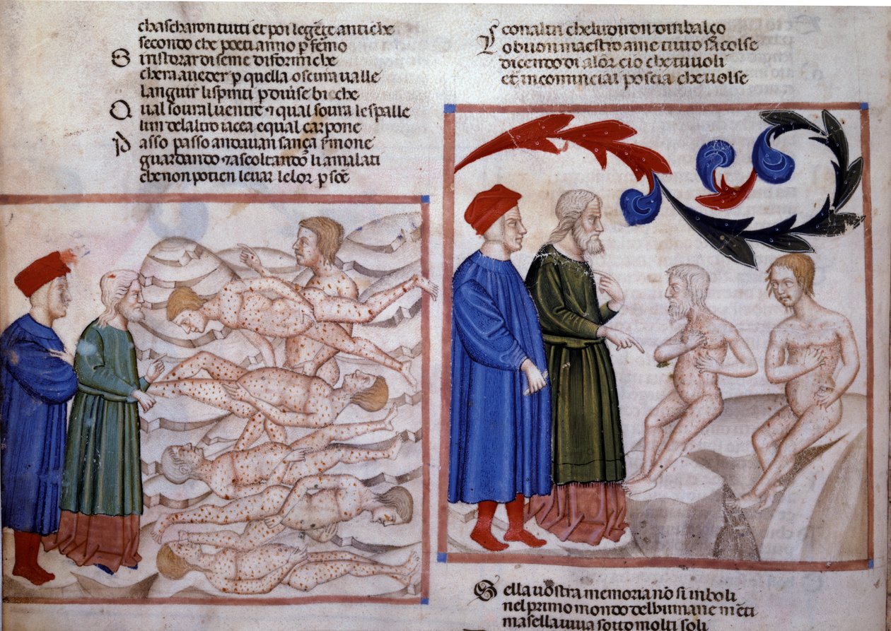 Dante und Virgil im Gespräch mit Grifolino von Arezzo und Capocchio von Siena, 14. Jahrhundert von Venetian School