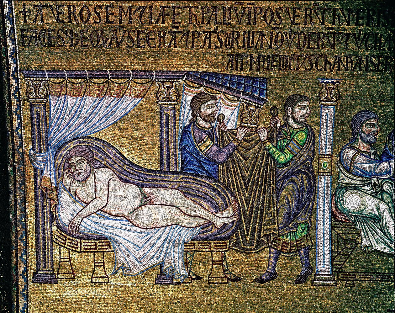 Byzantinische Architektur: „Die Trunkenheit Noahs“ Mosaik von venezianischen Künstlern, 13. Jahrhundert, Basilika San Marco von Veneto Byzantine School