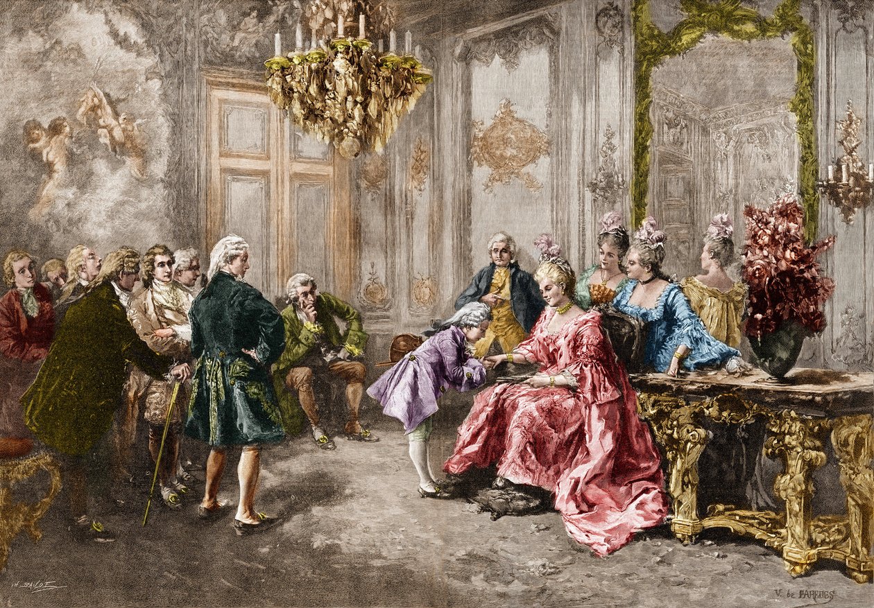 Wolfgang Amadeus Mozart (1756-1791) bei Madame (Marquise) de Pompadour (Die Familie Mozart während der Europatournee) (1763-1766). Gravur nach dem Gemälde von M. V. de Paredes. von Vicente de (after) Paredes