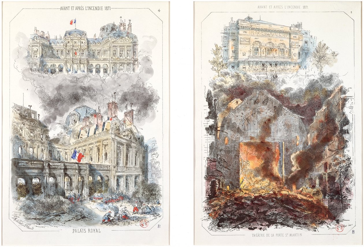 Das Palais Royal und das Théâtre de la Porte Saint-Martin vor und nach dem Brand von 1871 von Victor after Coindre