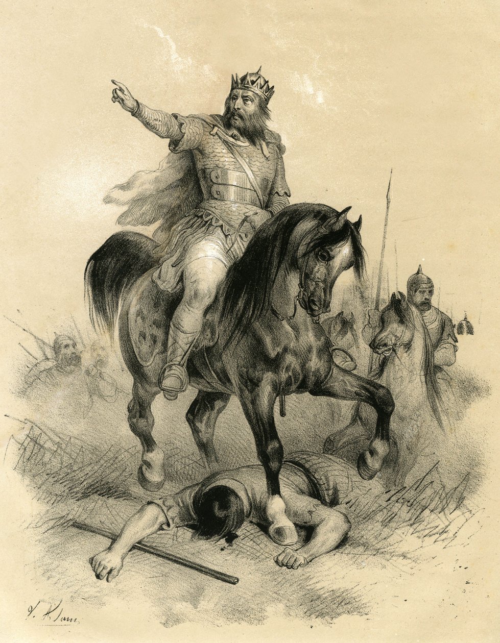 Attila (v. 395-453), der alleinige Führer der Hunnen im Jahr 445, verwüstete die Reiche des Ostens und Westens - Barbarische Invasionen - Gravur von Victor Adam (1801-1866) im Buch „Frankreich im Mittelalter“ veröffentlicht von den Ardant-Brüdern im Mitte von Victor Adam