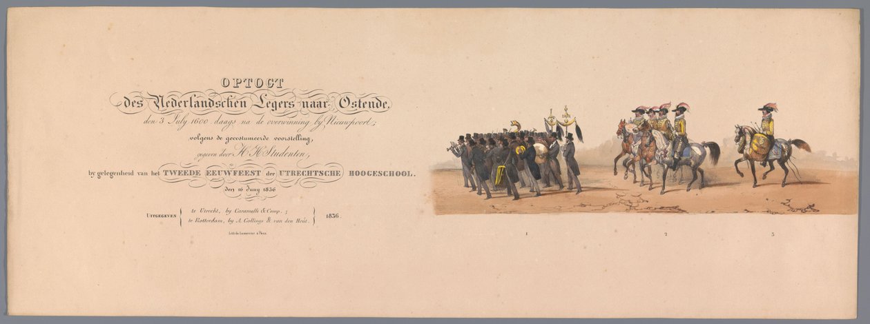 Historischer Umzug zum zweihundertjährigen Jubiläum der Universität Utrecht, 1836 (Optogt des Nederlandschen Legers naar Ostende, den 3 July 1600) von Victor Adam