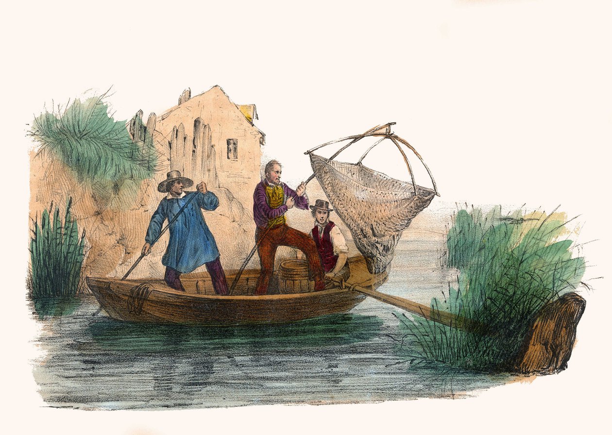 La Peche. in „Album Grotesque, Auswahl bemerkenswerter Typen“, Illustrationen von Victor Adam, Paris, um 1850. von Victor Adam