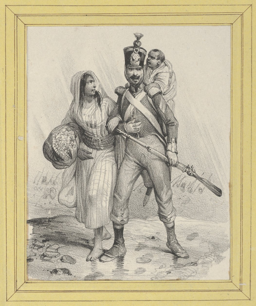 Soldat mit einer Frau am Arm und einem Kind auf dem Rücken von Victor Adam