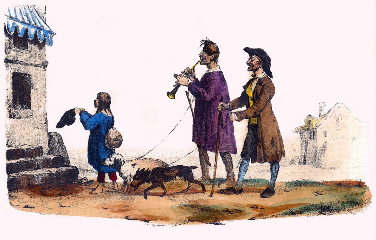 Zwei Blinde, geführt von Hunden und ein bettelndes Kind. In „Album Grotesque, Auswahl bemerkenswerter Typen“, Illustrationen von Victor Adam, Paris, um 1850. von Victor Adam