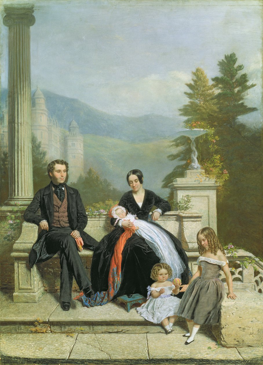 Henry Granville Fitzalan Howard mit Minna Lyons und seinen drei älteren Kindern, 1845 von Victor Dartiguenave