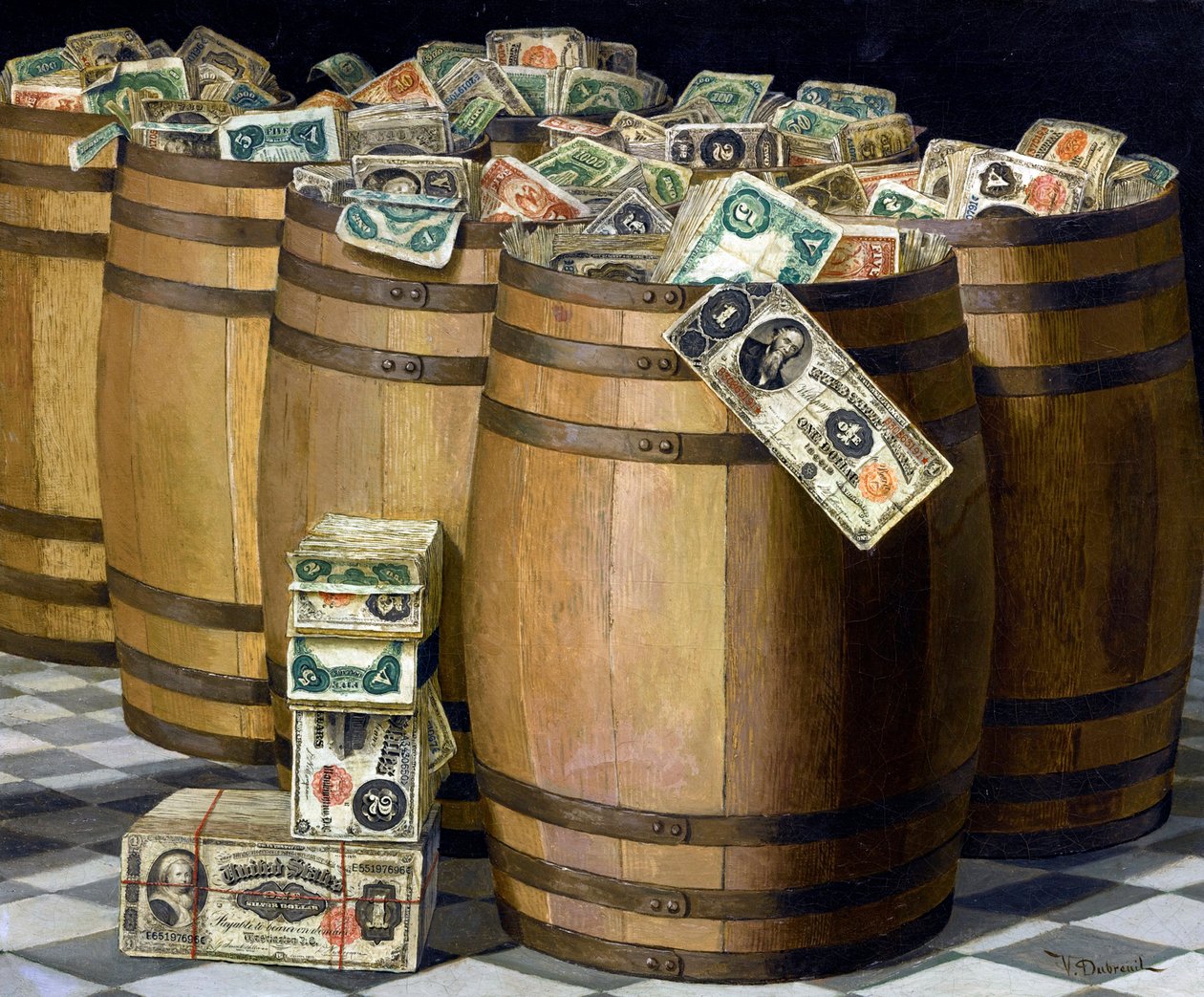 Fässer mit Geld, ca. 1897 von Victor Dubreuil