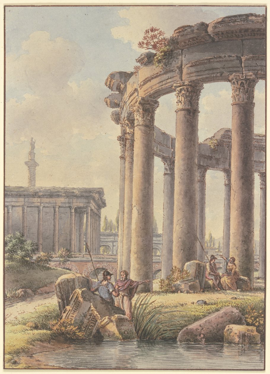 Architektonisches Capriccio: Ruinen eines Rundtempels, im Hintergrund die Trajanssäule von Victor Jean Nicolle