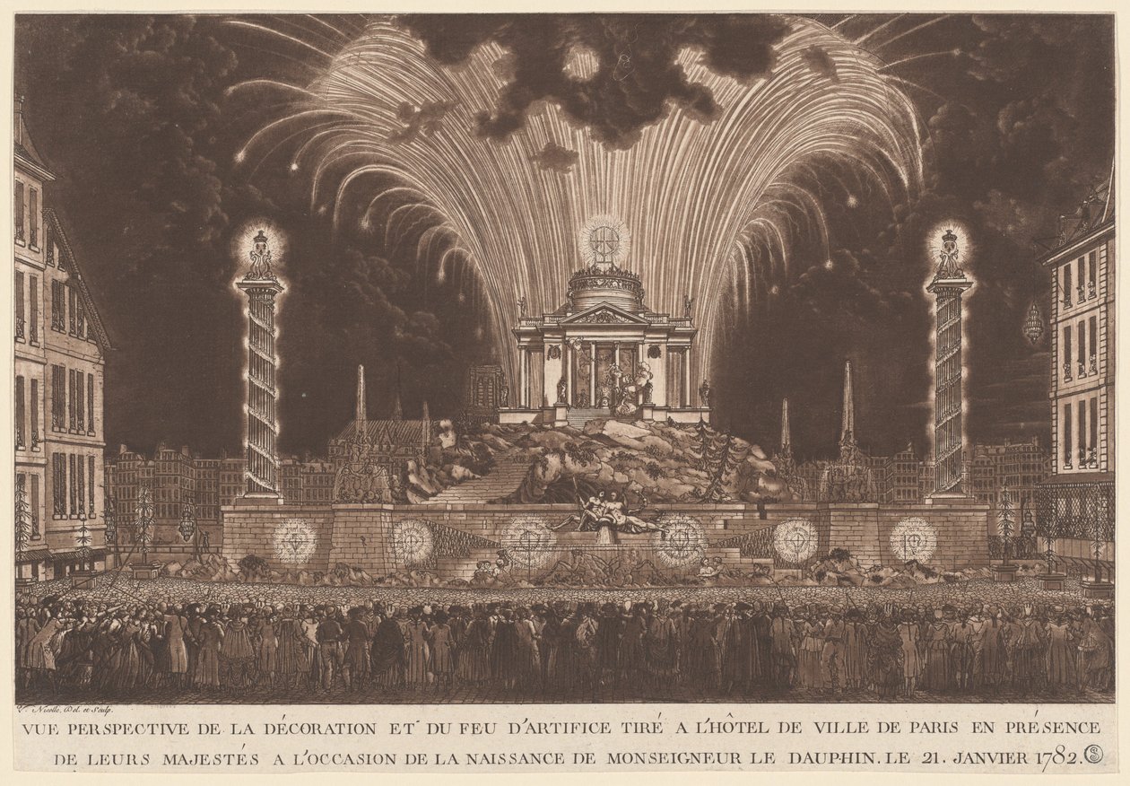 Die Dekoration und das Feuerwerk... die Geburt von Monseigneur le Dauphin feiern von Victor Jean Nicolle