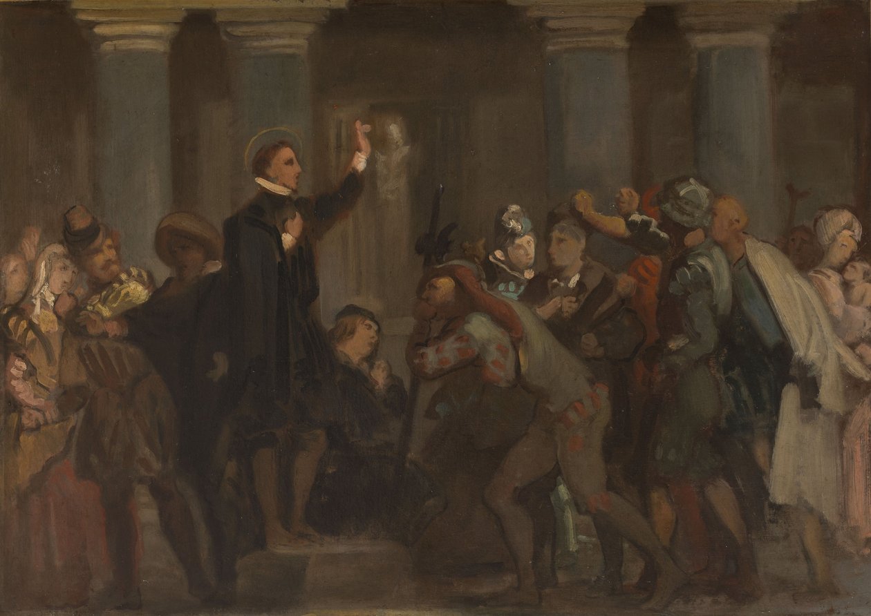 Skizze für die Kirche Saint-Séverin: Die Kindheit des heiligen Franz von Sales - Der heilige Franz von Sales predigt den Häretikern von Chablais, ca. 1852 von Victor Mottez