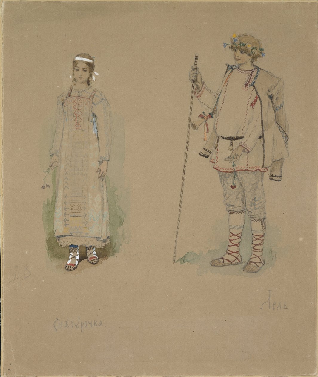 Schneemädchen und Lel. Kostümentwurf für die Oper Schneemädchen von N. Rimski-Korsakow, 1885 von Viktor Mikhaylovich Vasnetsov