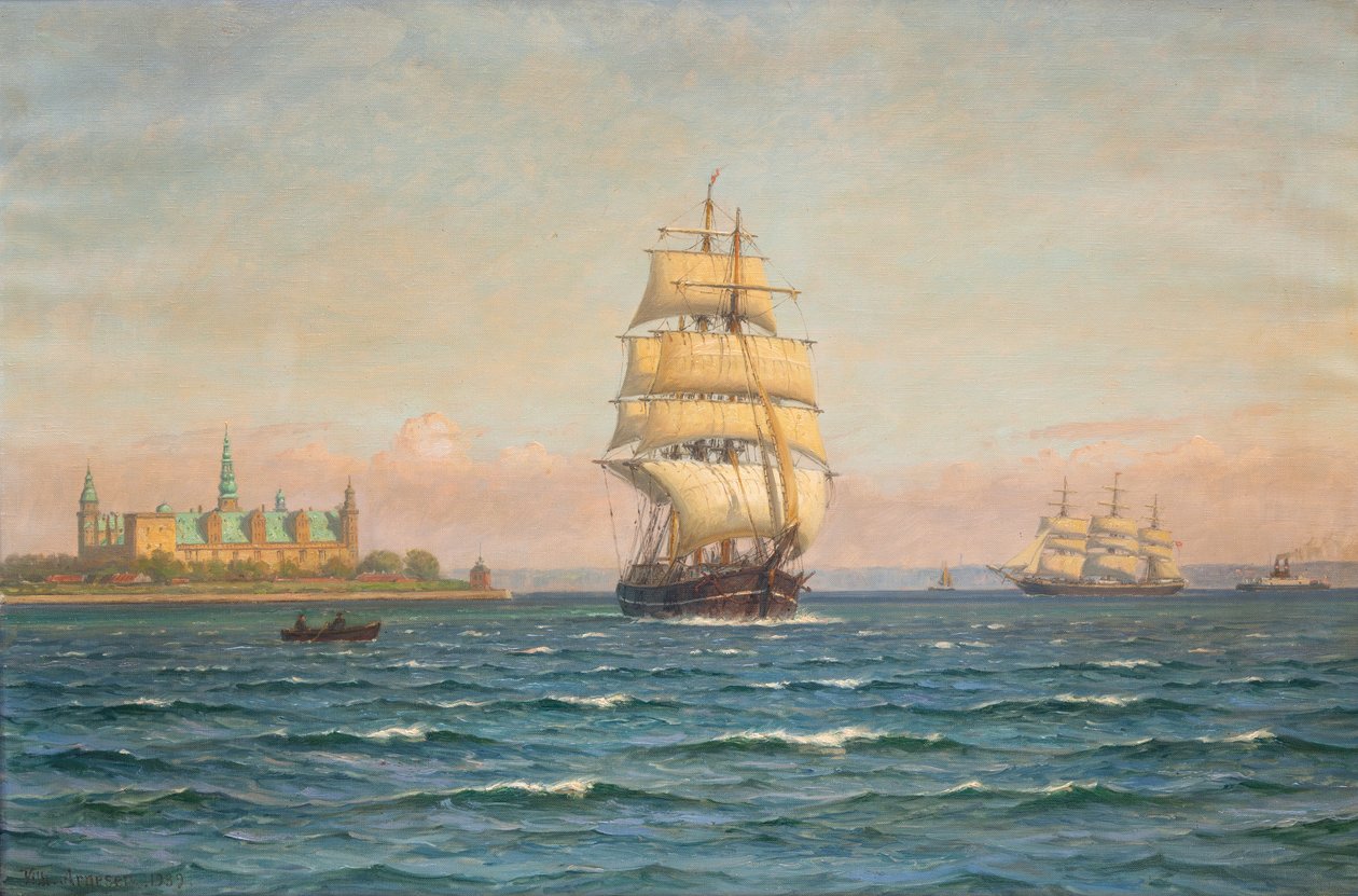 Segelschiffe und eine Fähre vor Kronborg von Vilhelm Arnesen