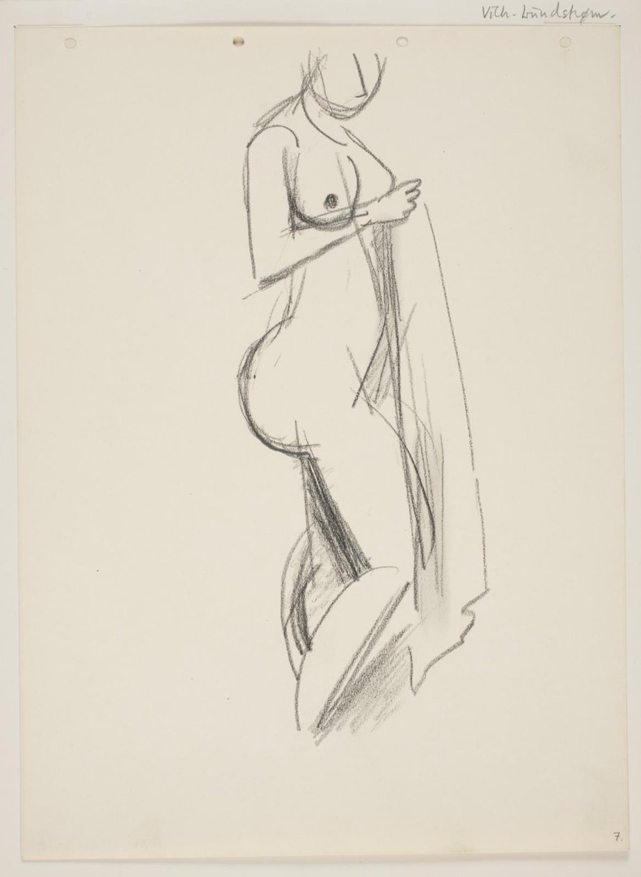 Stehende nackte Frau, Profil nach rechts, Draperie in der Hand von Vilhelm Lundstrøm
