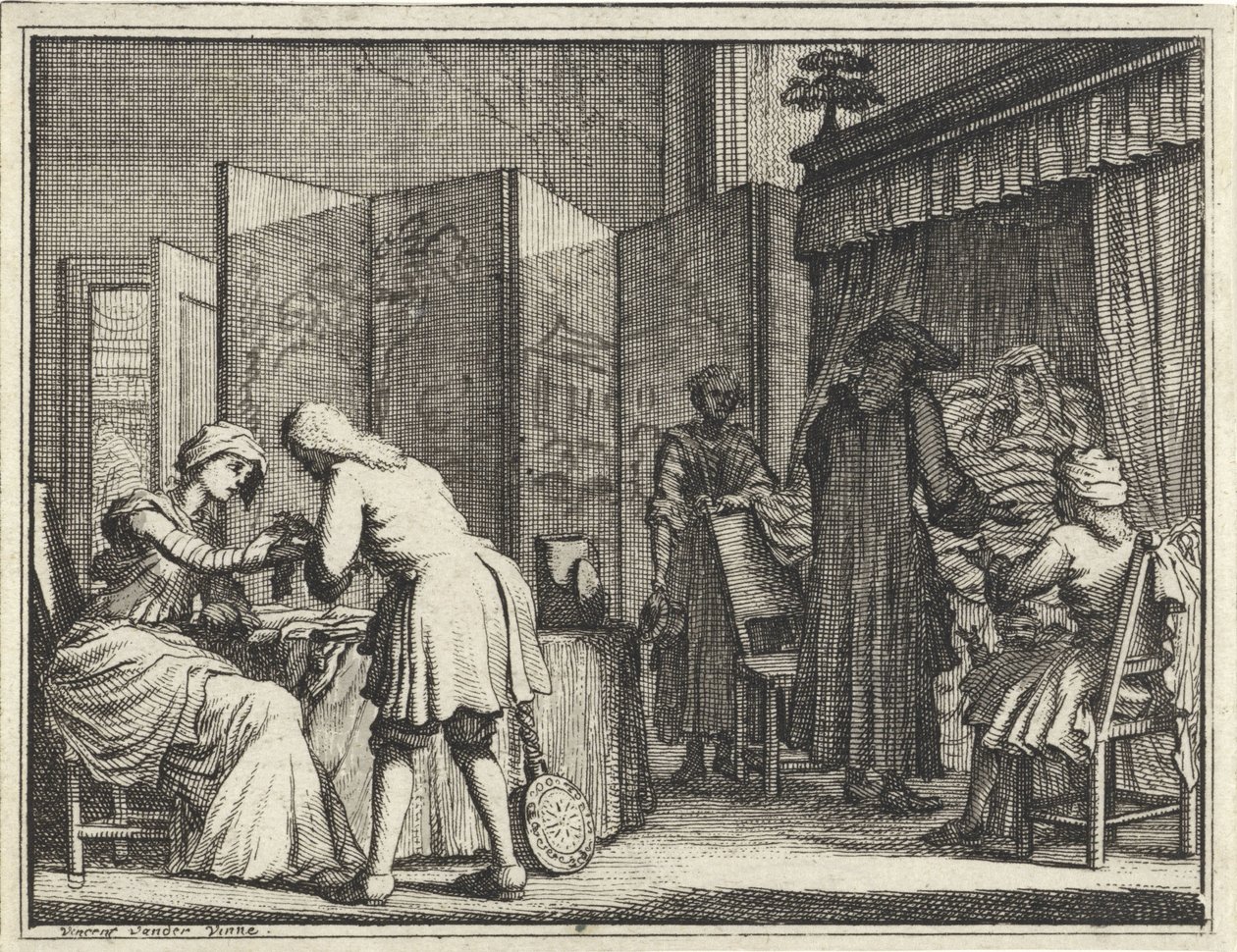 Figuren um ein Krankenbett und ein Arzt, der eine Frau verbindet von Vincent Laurensz. van der Vinne (II)