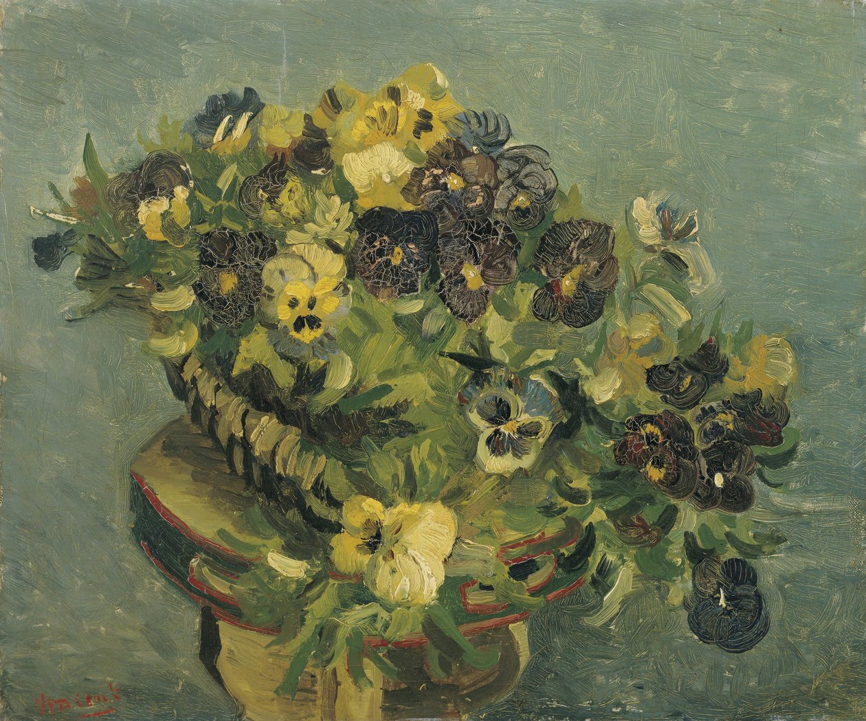 Korb mit Stiefmütterchen auf einem kleinen Tisch von Vincent van Gogh