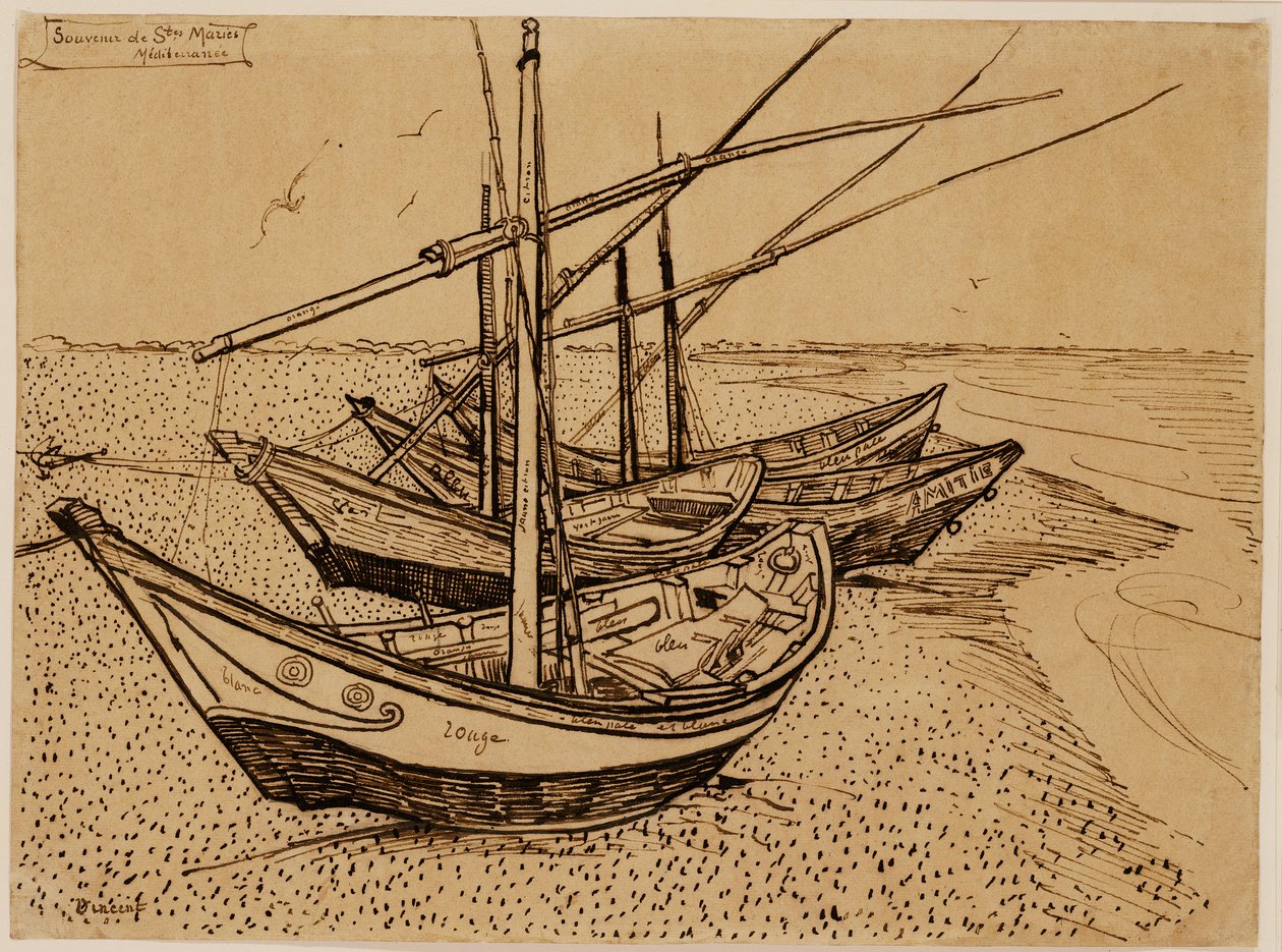 Fischerboote am Strand von Saintes-Maries-de-la-Mer von Vincent van Gogh