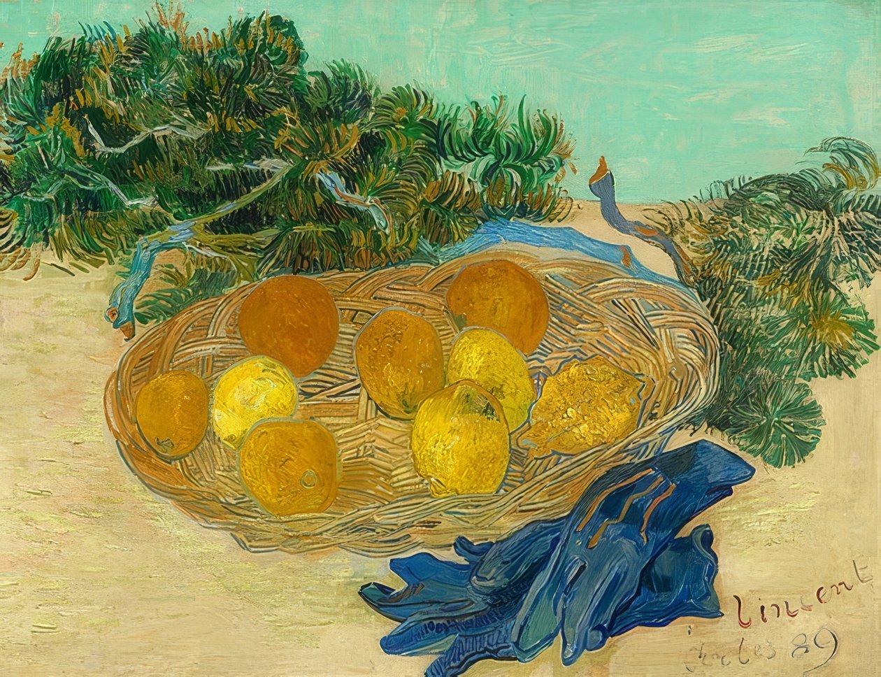 Stillleben mit Orangen, Zitronen und blauen Handschuhen von Vincent van Gogh