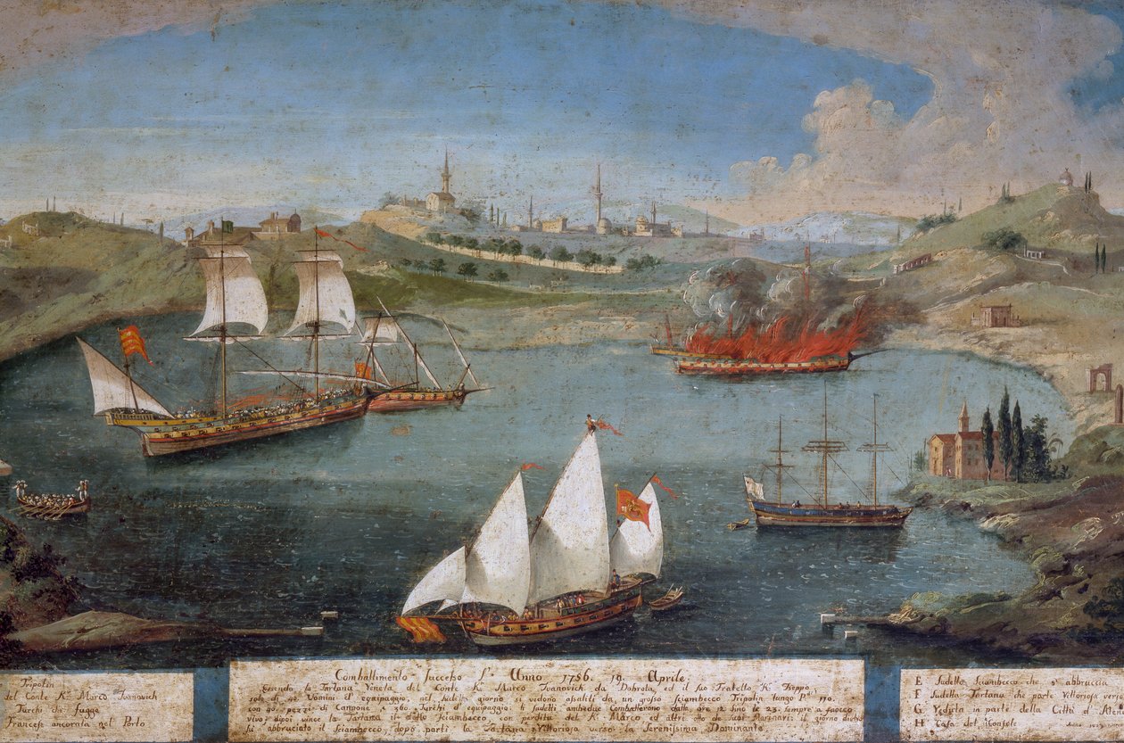 Seeschlacht zwischen venezianischen Schiffen von Marco Ivanovich Dobrota und türkischen Schiffen, 19. April von Vincenzo Chilone