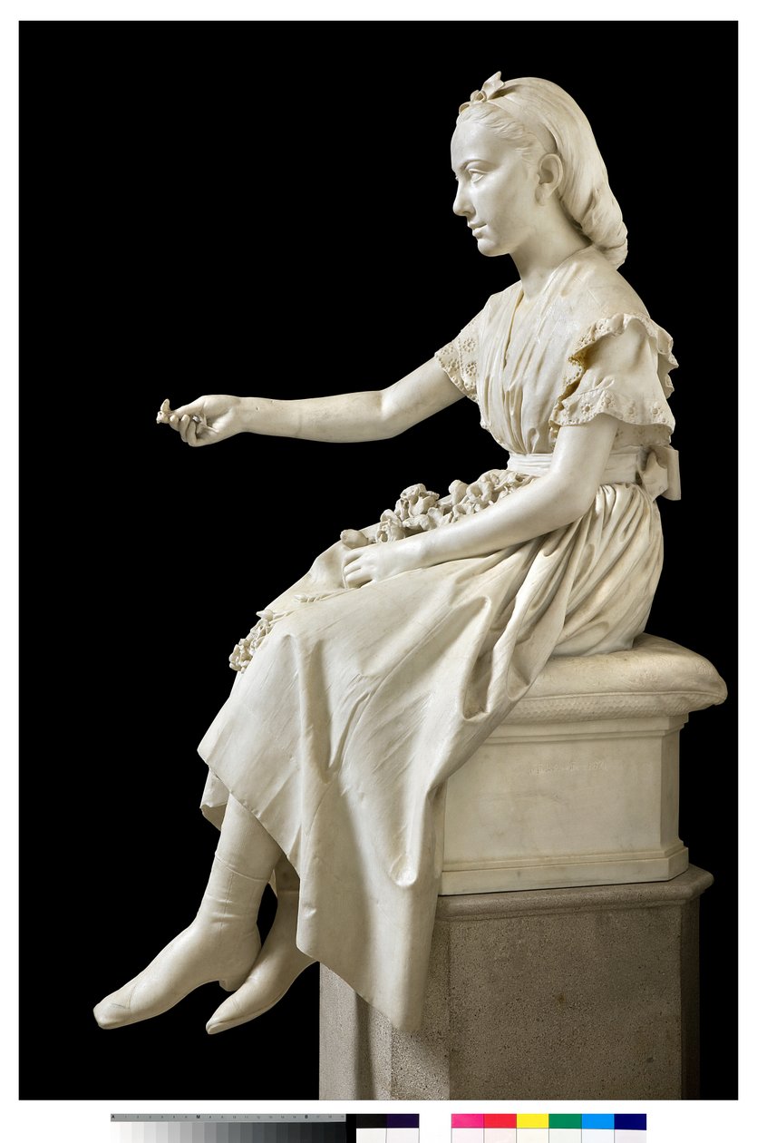 Porträt der Marquise Virginia Busti Porro als junges Mädchen oder junge Dame, die eine Blume anbietet von Vincenzo Vela