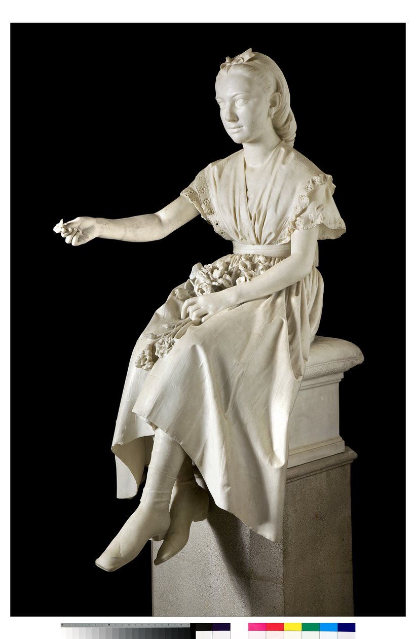 Porträt der Marquise Virginia Busti Porro als junges Mädchen oder junge Dame, die eine Blume anbietet von Vincenzo Vela