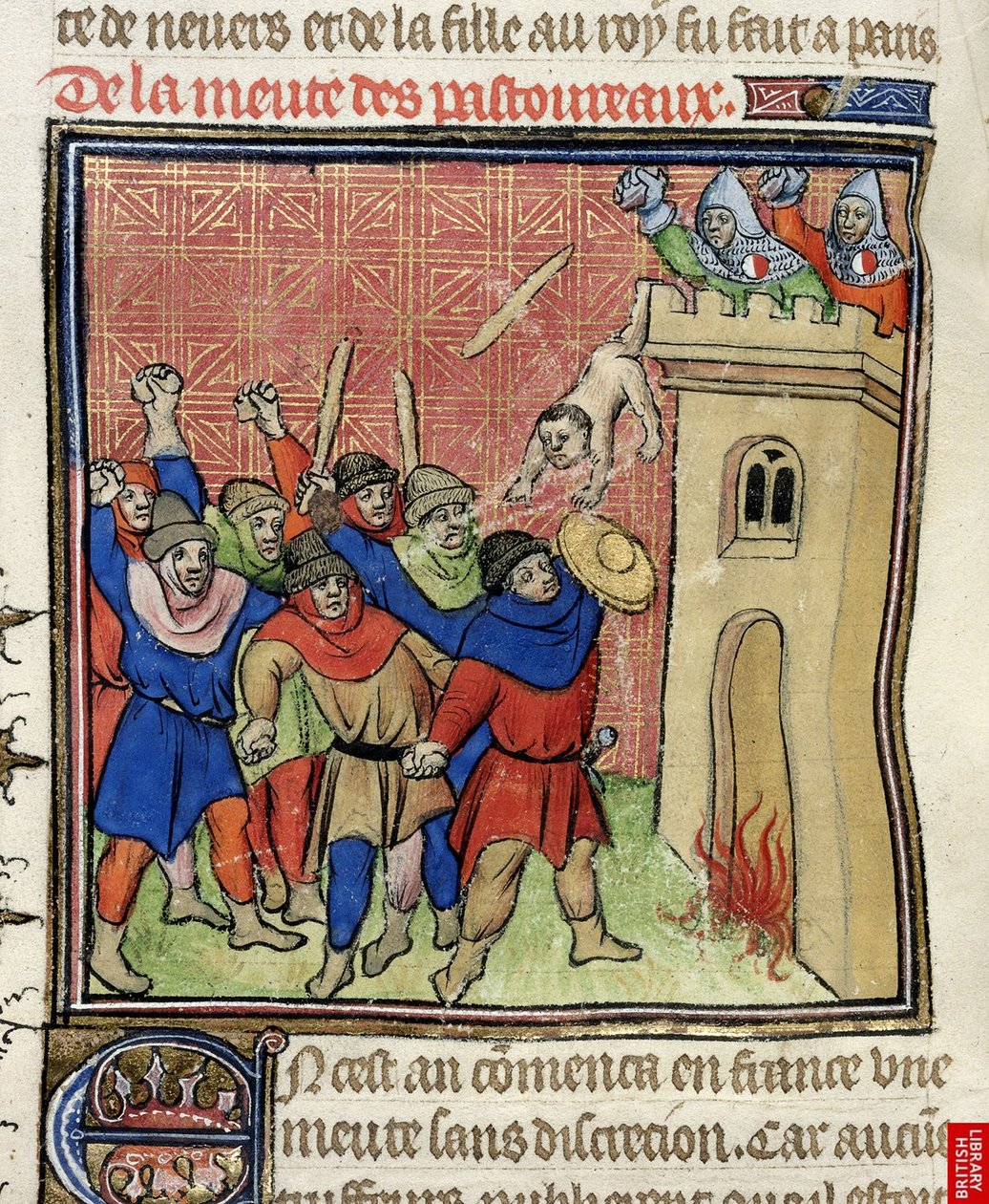 Detail einer Miniatur des Dritten Kreuzzugs der Pastoureaux. Juden werfen ihre Kinder von einem Turm, nach 1380 von Virgil Master
