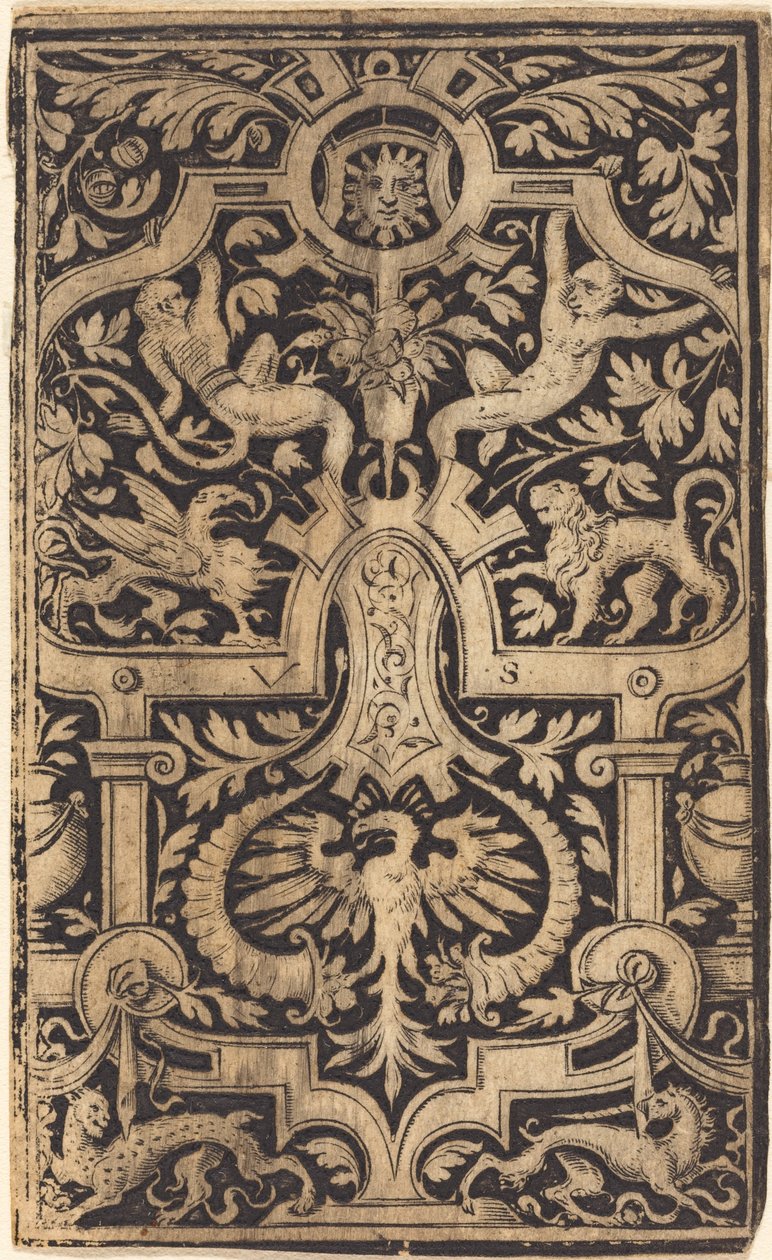 Riemenwerk und Laubornament auf dunklem Grund mit Affen und anderen Tieren von Virgil Solis