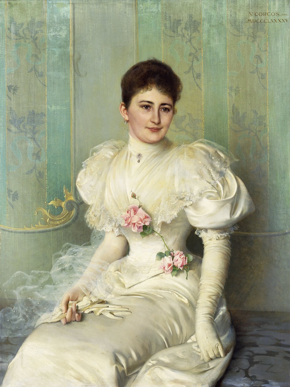 Porträt einer Dame, sitzend, dreiviertel Länge, in einem weißen Kleid von Vittorio Matteo Corcos