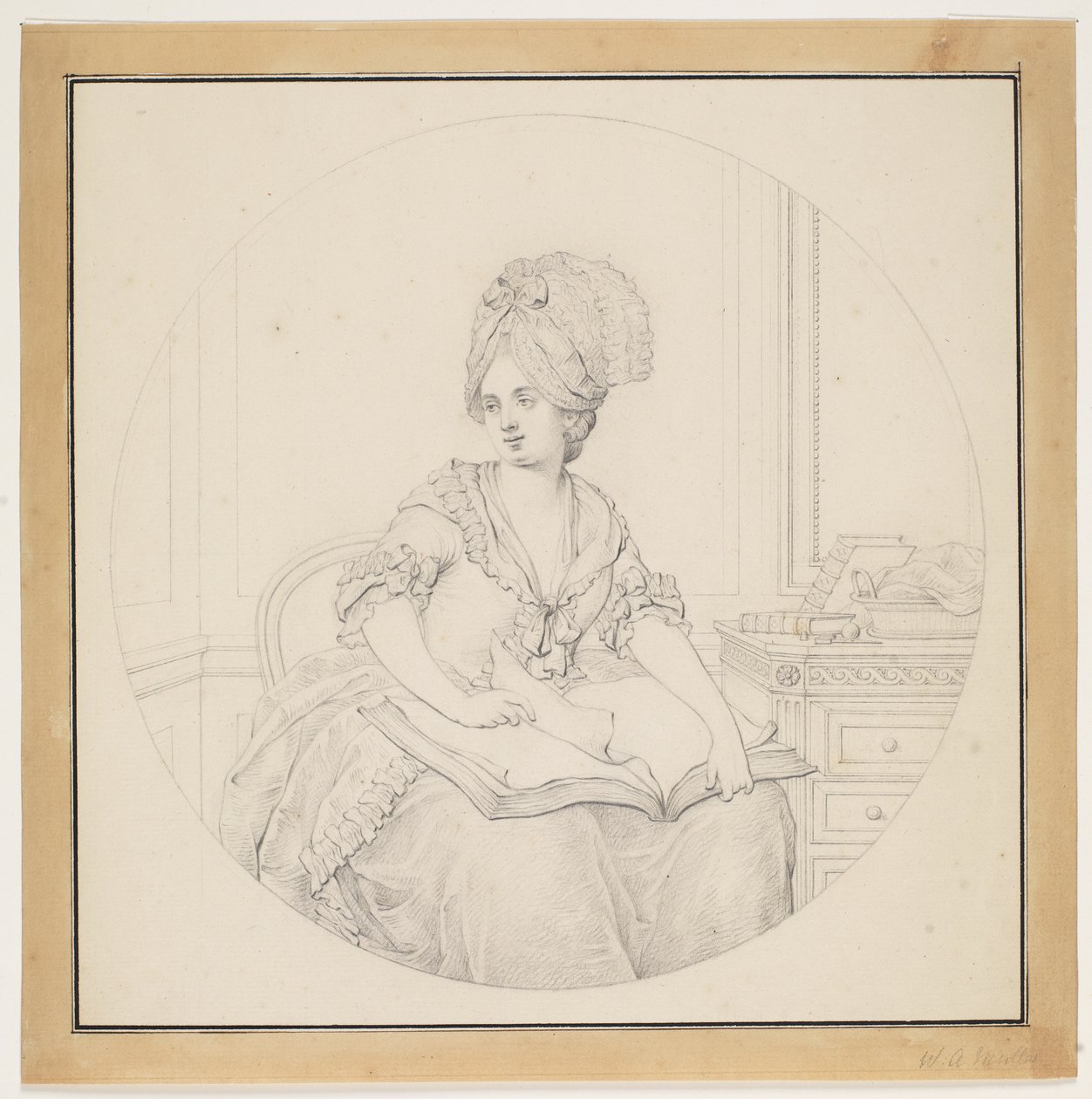 Jüngere Dame, die in einem Folianten blättert, der auf ihrem Schoß liegt von W.A. Müller